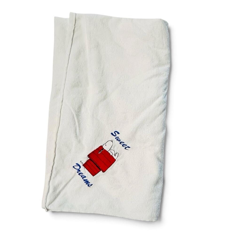 Vintage Peanuts Snoopy Sweet Dreams Embroidered White Baby Blanket 32”x36”